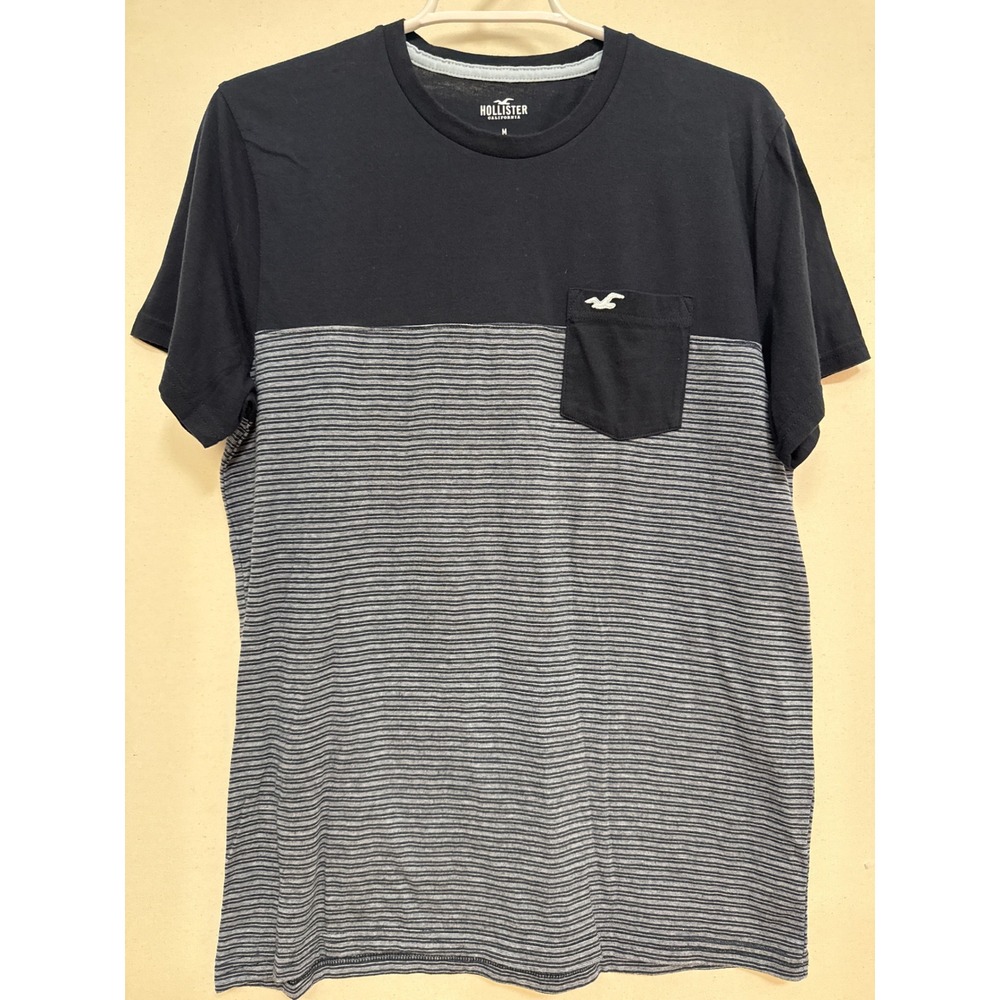 Hollister Mens Medium Navy Blue Grey Striped Pocket T-Shirt Colorblock Seagull